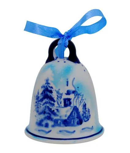 Original Bunzlauer Keramik Glocke / Glöckchen klein mit Winterlandschaft im Dekor DU11