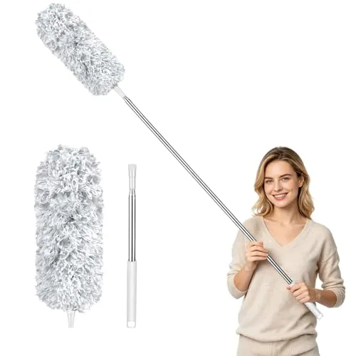 Staubwedel Teleskop Waschbarer, Staubwedel Lang Ausziehbar Bis 252cm, Verbiegbare Staubfänger mit Teleskopstange, Staubmagnet und Spinnenwebenentferner, für Hohe Decken und Deckenventilator, Grau