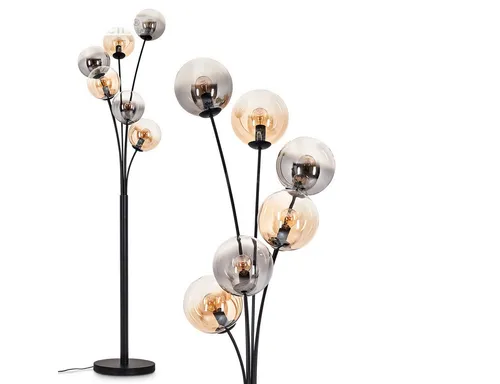 Hofstein Stehlampe aus Metall und Glas in Schwarz/Bernsteinfarben - Elegante 6-flammige Stehlampe mit kugelförmigen Glasschirmen für stilvolle Innenräume. Höhe 168 cm, Durchmesser 40 cm, ideal für gemütliche Lichtakzente.