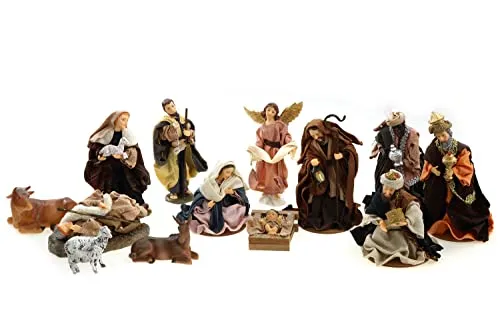 Unbekannt Krippenfiguren Set 13tlg mit Heiligen Familie & Königen - Krippenfiguren Set (13tlg) mit 17cm hohen, detailreichen Figuren. Ideal als festliche Weihnachtsdeko für jedes Zuhause, verleiht es durch edle Stoffe und Goldakzente eine besondere Atmosphäre.