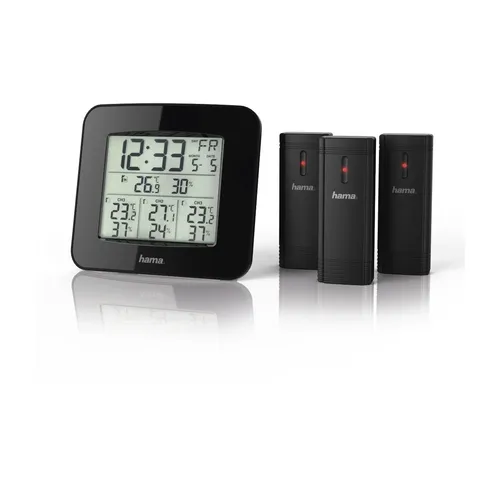 Hama Thermo-Hygrometer EWS-Trio - Digitales Funkgerät mit 3 Außensensoren, präzise Temperatur- und Luftfeuchtigkeitsüberwachung für Innen und Außen
