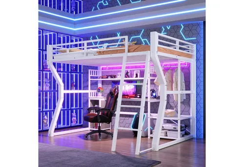 Redom Hochbett in Weiß, 140x200 cm – Modernes Kinder- und Jugendzimmermöbel - Dieses stilvolle Hochbett in Weiß bietet eine praktische Raumlösung für Kinder- und Jugendzimmer. Mit integriertem Schreibtisch, Staufächern und Steckdose ist es optimal für konzentriertes Arbeiten und sorgt für Ordnung.