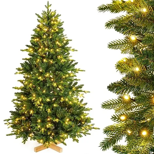 Yorbay künstlicher Weihnachtsbaum Nordmanntanne 180 cm mit LED-Beleuchtung - Künstlicher Weihnachtsbaum mit 2584 naturnahen Blättern, stabiler Holzständer und 350 warmweißen LEDs für eine festliche Stimmung. Ideal für Innen- und Außenbereiche.