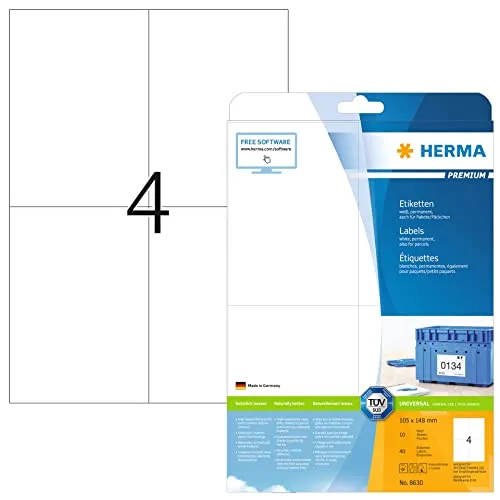 HERMA 8630 Versandetiketten, 320 Blatt, 105 x 148 mm, 4 pro A4 Bogen, 1280 Stück, selbstklebend, bedruckbar, matt, blanko Papier Adressetiketten Aufkleber, weiß