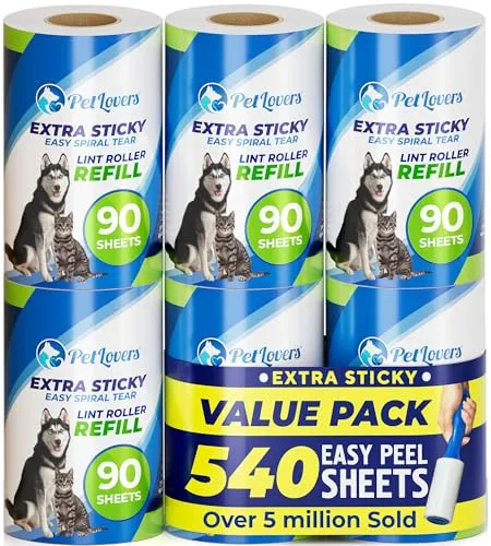 PetLovers Extra klebrige Fusselrolle Mega Value Set 450 Blatt für die Tierhaarentfernung, Hunde- und Katzenfusselentfernung 6 Nachfüllungen