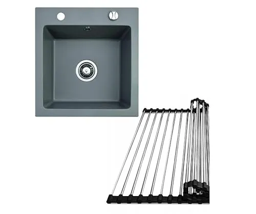 Faizee Möbel Granitspüle 48x50 - Hochwertige Küchenspüle beidseitig montierbar - Becken: Hochwertige Granitspüle 48x50, inkl. Siphon Set und Abtropfgitter, ideal für flexible Küchenlösungen in Grau.