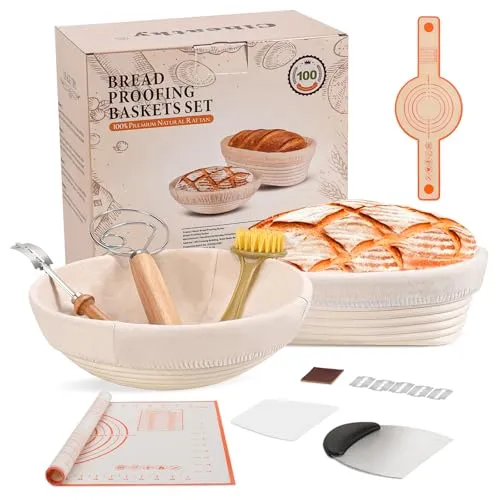 Clheatky Gärkörbchen Set mit Liner, 25cm Rund & Oval Sauerteig Starter Kit, Sauerteig Brot Backen Zubehör, Brot Backen Werkzeuge, Natürliche Rattan Gärschalen Körbe
