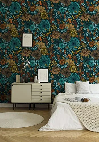 New Walls Blumen Vliestapete florales Muster Wohnzimmer türkis, beige Tapete leicht strukturiert matt – 1,59 x 2,80 m