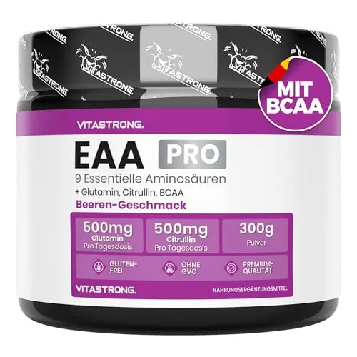 EAA Pulver 300g - Essenzielle Aminosäuren für Sportler - Verzweigtkettige Aminosäuren (BCAA) in erfrischendem Waldfruchtgeschmack, unterstützt die Proteinsynthese und steigert die Trainingsleistung, ideal für aktive Menschen.