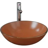 vidaXL Badezimmer Waschbecken mit Wasserhahn und Ablaufgarnitur - Elegantes Waschbecken aus gehärtetem Glas in Braun, inkl. Wasserhahn und Pop-up Ablaufgarnitur. Ideal für stilvolle Badezimmer mit einfacher Reinigung und hoher Temperaturbeständigkeit.