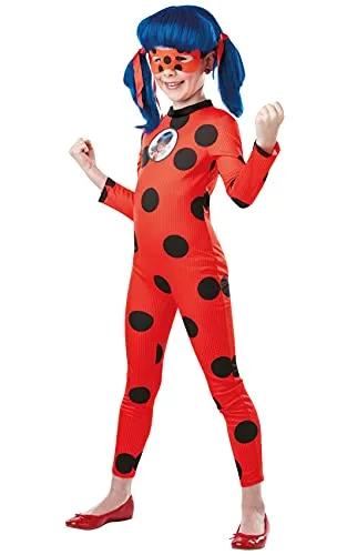Rubie's Offizielles Ladybug Miraculous Kostüm - XL 9-10 Jahre, roter Jumpsuit mit schwarzen Punkten und passender Maske für kreative Rollenspiele