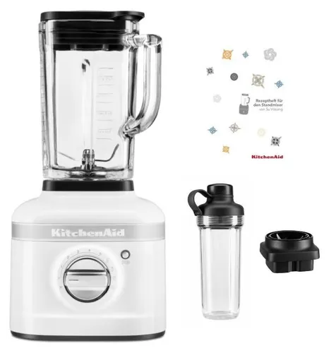 KitchenAid K400 Standmixer Smoothiepaket – Weiß - Der leistungsstarke KitchenAid K400 Standmixer mit 1.200 Watt sorgt für perfekte Ergebnisse. Mit dem praktischen Mitnahmebehälter kannst du frisch zubereitete Smoothies überall genießen. Ideal für kreative Rezepte!