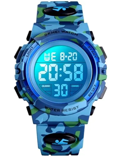 Alienwork Seven-Color LED Digital Kinderuhr Jungen Mädchen Camouflage blau Kautschuk-Armband Kalender Mehrfarbig Chronograph Sportlich Multi-Funktion