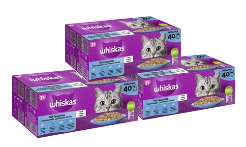 Whiskas Katzenfutter Nassfutter Fisch Auswahl in Gelee 120x85g - Leckeres Nassfutter für Katzen mit einer Auswahl an Fischsorten in Gelee. Ideal für anspruchsvolle Feinschmecker. Praktische 120er Packung für langanhaltenden Genuss.