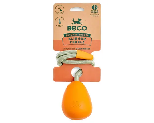 Beco Pets Outdoor-Spielzeug Hundespielzeug Natural Rubber Slinger Pebble mit Seil orange