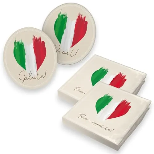 itenga Flaggen Edition – Tischdeko mit internationalem Flair - 40x Servietten mit 40x Bierdeckel – perfekt für Party, Grillabend, Restaurant & Deko (Italien 2)