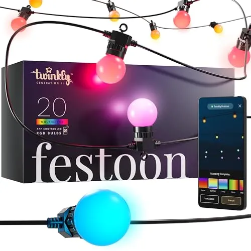 Twinkly Festoon 20 LED RGB Lichterkette - Weihnachtsbeleuchtung mit 20 RGB-LEDs, IP44-zertifiziert für den Außenbereich und App-Steuerung für individuelle Lichteffekte, ideal für Feiern und stimmungsvolle Anlässe.