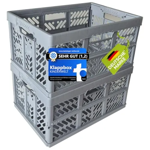 KiNDERWELT 2 x Robuste Profi - Klappbox 45 L bis 50 kg - Faltbox, Kiste, Korb zur Aufbewahrung, Transport - grau