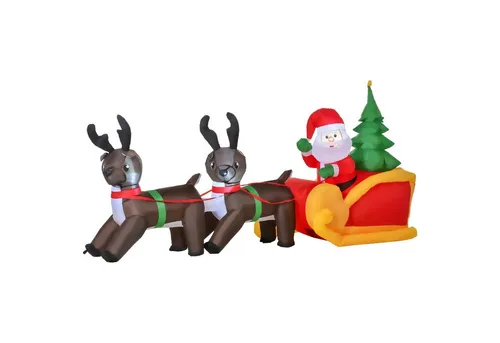 HOMCOM LED Weihnachtsmann Figur mit Schlitten und Rentieren - Weihnachtlicher Zierschmuck mit 3 warmweißen LEDs für festliche Beleuchtung, aufblasbar und stabil durch Heringe und Schnüre – ideal für Innen- und geschützten Außenbereich.