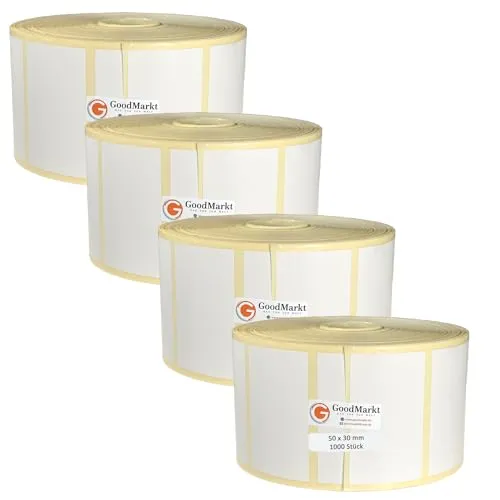 GoodMarkt Thermodirekt Etiketten selbstklebend 50x30 mm | 4 Rollen, 4000 Etiketten - Selbstklebende Thermoetiketten für vielseitige Anwendungen wie Haushalt, Barcode und mehr. Hochwertiger Druck und breite Kompatibilität mit Brother und Zebra Druckern. 1000 Etiketten pro Rolle für langfristigen Einsatz.