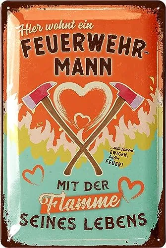 LANOLU Retro Blechschild Feuerwehrmann Flamme seines Lebens von LANOLU
