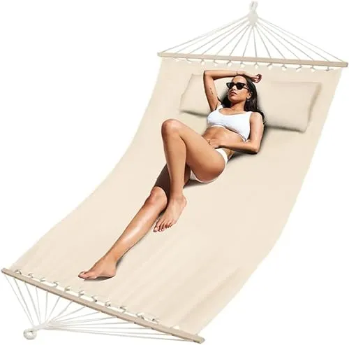ZOLTA Hängematte mit Kissen zum Aufhängen - Mehrpersonen für 2 Personen 200 x 150 cm, Belastbarkeit bis 200 kg, für Terrasse, Balkon, Garten, Outdoor, Camping Beige Boho Streifen