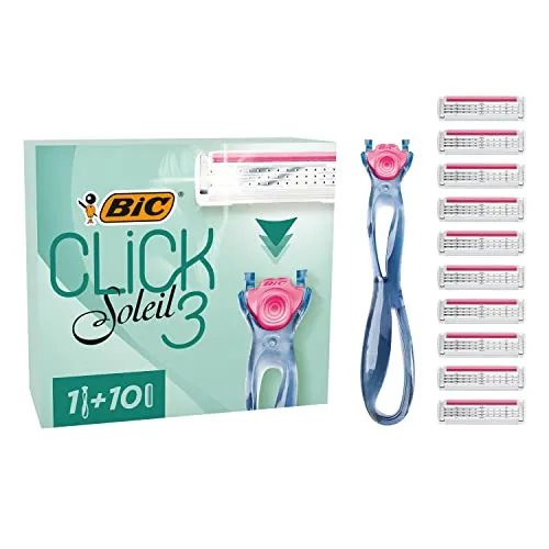 BIC Click 3 Soleil Sensitive Rasierer Damen, Nassrasierer mit 10 Wechselklingen mit je 3 Klingen, mit Aloe Vera & Vitamin E, aus recyceltem Material