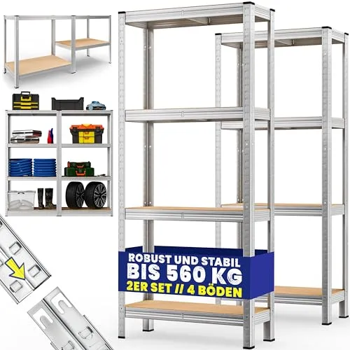 monzana Schwerlastregal 2er Set 280kg - Schwerlastregal aus verzinktem Metall mit 4 variabel montierbaren MDF-Böden, ideal für Keller oder Werkstatt. Tragkraft bis 280 kg pro Regal, perfekt für schwere Lasten.