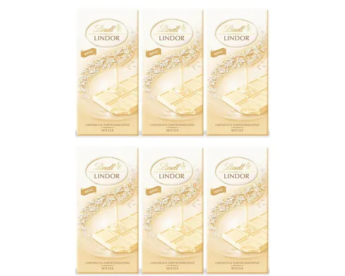 Lindt Lindor Weiß Tafel 100g - 6er Pack - Marzipan & Pralinen - Zartschmelzende weiße Schokolade für ein magisches Geschmackserlebnis, kreiert von den Lindt Maîtres Chocolatiers.
