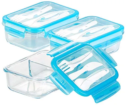 Rosenstein & Söhne Tiefkühldosen: 3er-Set Glas-Frischhaltedosen, 2 Kammern, Besteck, Klick-Deckel, 840ml (Sandwichbox, Stullendose, Kühlschrank)