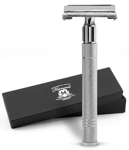 Haryali London Nassrasierer Butterfly-Rasierhobel für Unisex, rutschfest, metallisch., Pack, Rutschfester Nassrasierer aus Messing Silber mit zwei Ersatzklingen, Geeignet für alle Arten von Doppelklingenrasierern