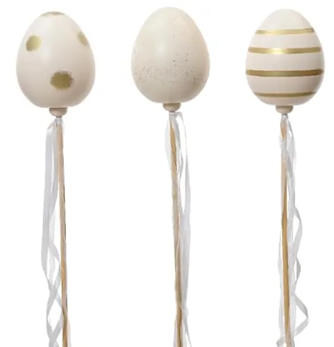 ETC dekorativer frühlingshafter Deko Stecker Oster-Stecker Garten-Stecker Osterei im 3-er Set ca. 15 x 12 x 60 cm in 2 verschiedenen Sets (3 x weiß mit Gold)