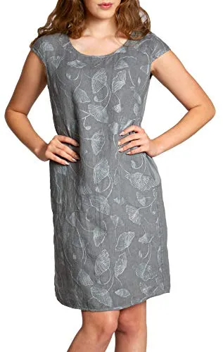 Caspar SKL031 knielanges Damen Sommer Leinenkleid mit Ginko Blatt Stickmuster, Farbe:grau, Größe:M - DE38 UK10 IT42 ES40 US8