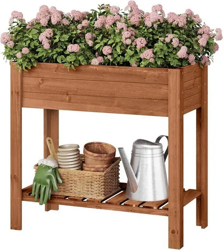 Woltu Hochbeet 80x75x40 cm mit Ablage und Folie - Robustes Hochbeet aus wetterfestem Tannenholz, ideal für Balkon oder Garten. Ergonomische Höhe von 75 cm für komfortables Gärtnern, inklusive Stauraum für Gartenutensilien.