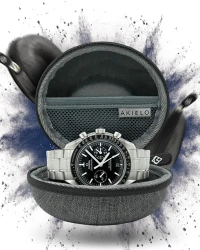 AKIELO Uhrengehäuse – Reise Uhrenbox Reinigungstuch und Geschenkbox – Für Männer und Frauen Armbanduhren und Smart Watch bis 54mm (Holzkohlegraue Ausgabe)