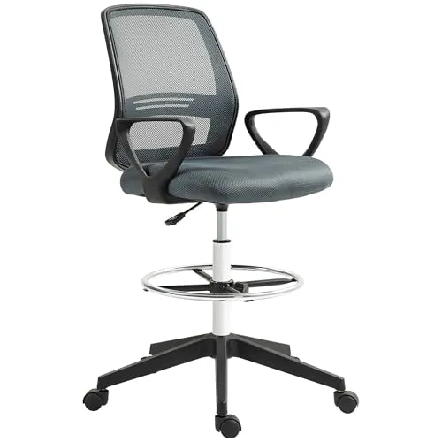 Vinsetto Bürostuhl Ergonomischer Schreibtischstuhl mit Armlehnen und Verstellbarer Fußring, Höhenverstellbarer Drehstuhl mit Netzbespannung Grau