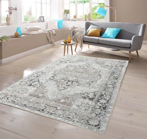 TeppichHome24 Teppich Klassischer Teppich mit orientalischen Verzierungen in creme grau, rechteckig, Höhe: 7 mm