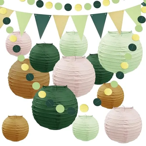 Hyacinthy 16PCS Lampions Party Deko, Papierlaternen Grün Gold Gartenparty Deko Draußen Bunte Papier Lampions Vintage Papierlampion für Outdoor Party Sommer Hochzeit Geburtstag