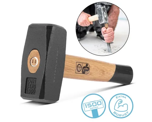 STAHLWERK Vorschlaghammer Fäustel mit 1500 g Hammerkopf Plattenhammer aus gehärtetem (Set, 1-St., Einzelgerät), doppelt geschweifter Holzstiel