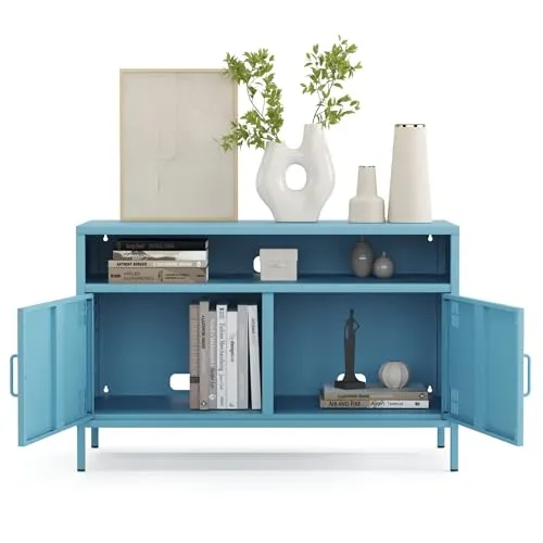 furni24 Metall TV-Schrank – Retro TV Lowboard – Möbel mit Türen und verstellbaren Ablagen – Leicht zu reinigen – Robuste und stilvolle Aufbewahrungslösung für das Wohnzimmer- mit 4 Regalen, Blau