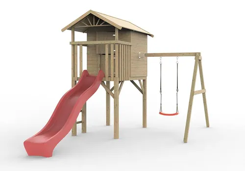 Stelzenhaus Tree Hut KDI mit Einzelschaukel und Rutsche rot - Das Stelzenhaus Tree Hut KDI von Prestige Garden bietet mit Einzelschaukel und Wellenrutsche ein sicheres Spielvergnügen für Kinder. Hergestellt aus robustem Holz, fördert es die Fantasie und sorgt für langanhaltenden Spaß im Freien.