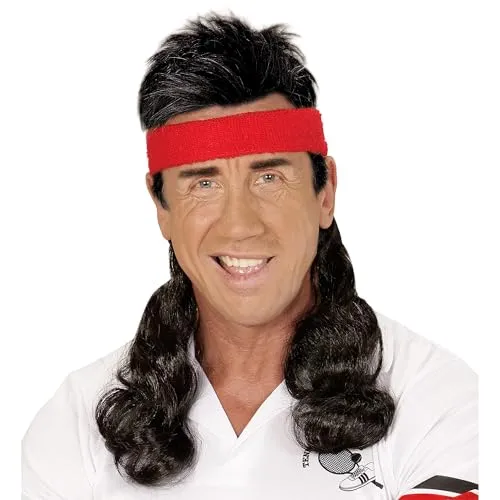 W WIDMANN MILANO Party Fashion - Perücke mit lockigem Haar & Stirnband, 80er Jahre, Tennisspieler, Langhaarperücke