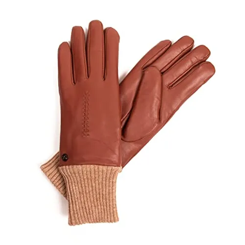 Hand Gewand by Weikert Damen Lederhandschuhe aus Lammnappa gefüttert mit Merino Lammfell, Mit Strickbund am Handgelenk – noch wärmer, Damen Lammfellhandschuhe braun