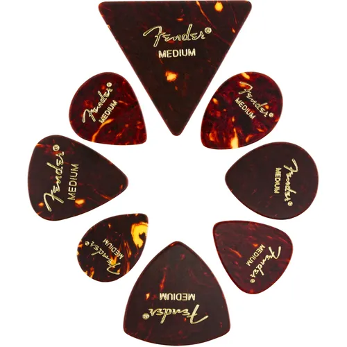 Fender Celluloid Picks Shape Medley Medium - Vielfältige Plektren für jeden Spielstil: Das 8er Pack bietet eine Auswahl an beliebten Formen, ideal für Gitarristen, die ihren Klang und Komfort optimieren möchten.