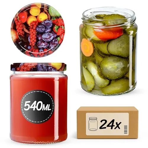 KADAX Konservengläser 540 ml, 24er Set, Rundgläser mit Schraubdeckel Motiv „Obst“ – Einmachgläser zum Einlegen, Einkochen oder Aufbewahren von Marmelade, Obst und Gemüse