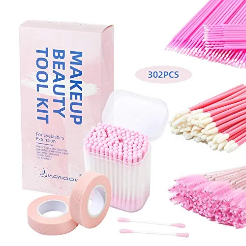 Lunamoon 100 Stück Mikrobürsten+100 Stück Reinigungsstab+50 Stück Mascara Pinsel+50 Stück Lip Gloss Pinsel+2 Pcs Band für Wimpernverlängerung (PINK SET)