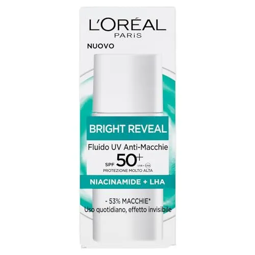 L'Oréal Paris UV-Flüssigkeit gegen Flecken, LSF 50+, für alle Hauttypen, Schutz und gemilderte Flecken, mit Niacinamin und Vitamin E, Bright Reveal, 50 ml
