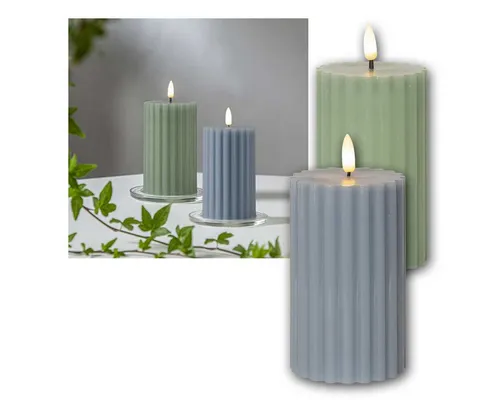 world-trading-net Adventskerze 2er Set LED Stumpenkerze STRIPE grün & blau - Wachskerzen mit 3D Flamme und Timerfunktion, ideal für stimmungsvolle Dekoration. Aus Echtwachs, Höhe 15cm, sorgt für ein warmes Licht in Ihrem Zuhause.