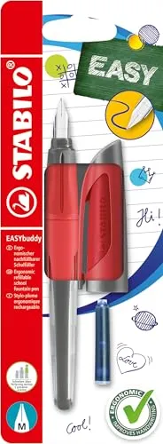 STABILO - Schulfüller mit Standard-Feder M - EASYbuddy in koralle/rot - blau (löschbar) - inkl. Patrone - Blister