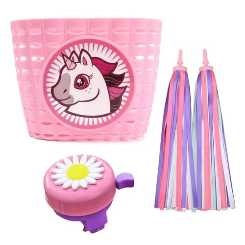 ASPIRER Kinder Fahrradklingel Mädchen Fahrradklingel Süße Blumen Fahrrad Glocke mit 1 Paar Fahrrad Lenker Streamer, Einhorn-Frontkorb